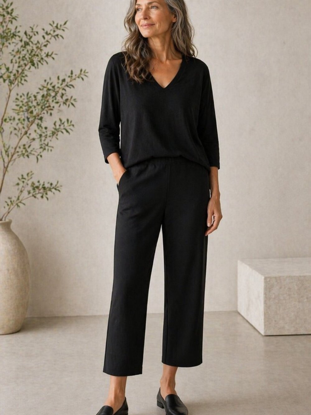 NWT Eileen Fisher Washable Stretch Crepe Straight Cropped Pant Black XS